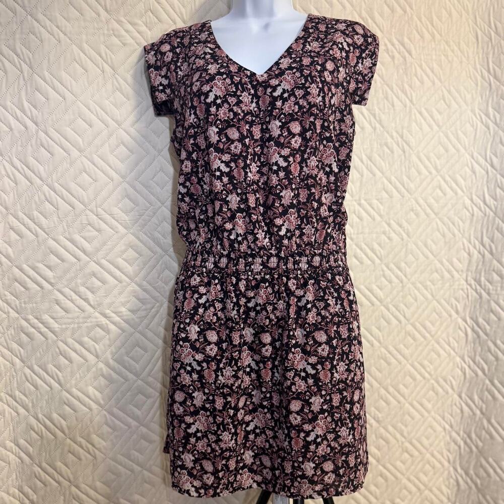 MNG Black/purple floral V-neck dress Stretch waist Mom Chic vacation summer fall